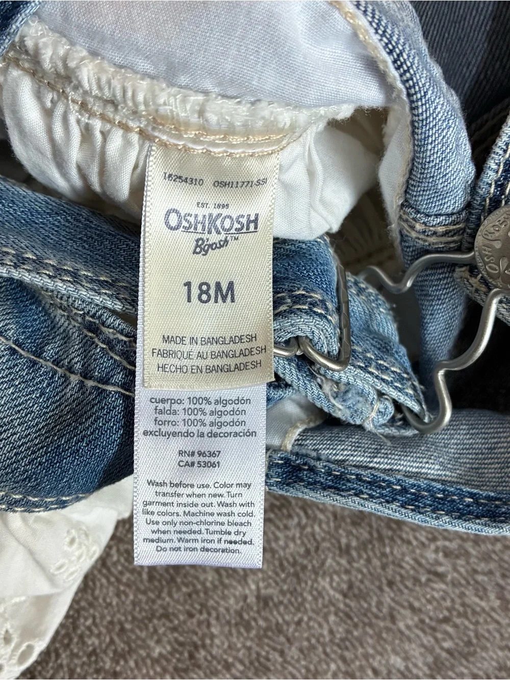 OshKosh B'gosh Denim Bib Jumper Overall Dress White Eyelet Size 18 Months